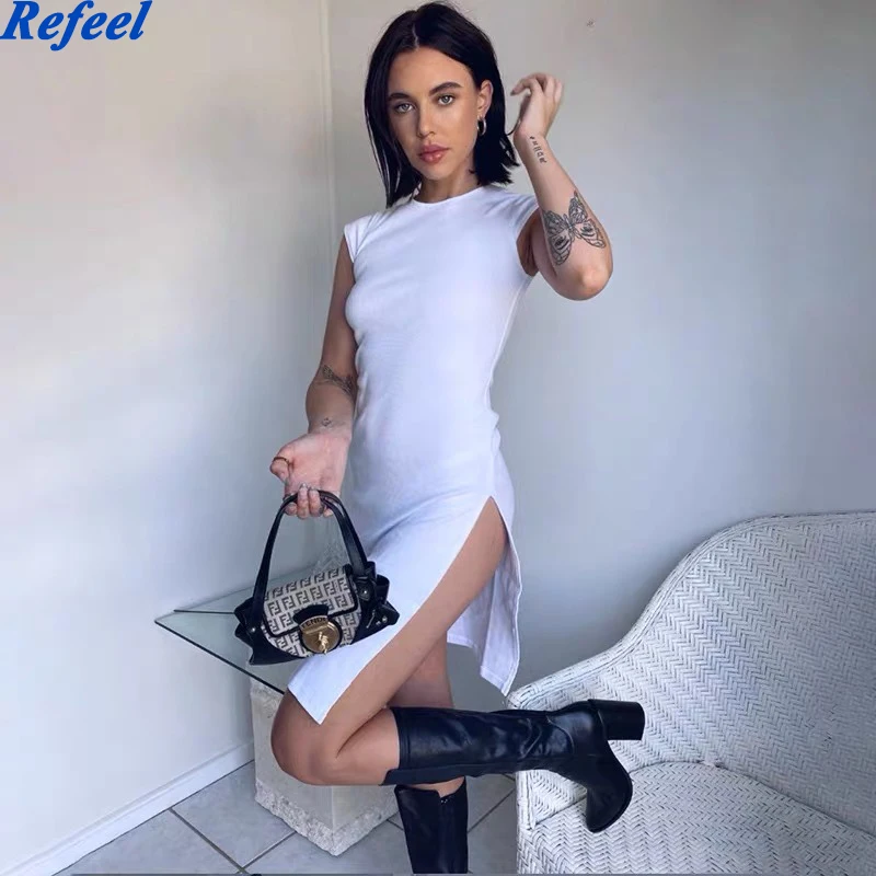 

Black Solid Elegant Dress Women High Split Sexy Party Outfits Sleeveless Bodycon Summer Dress Female White Streetwear