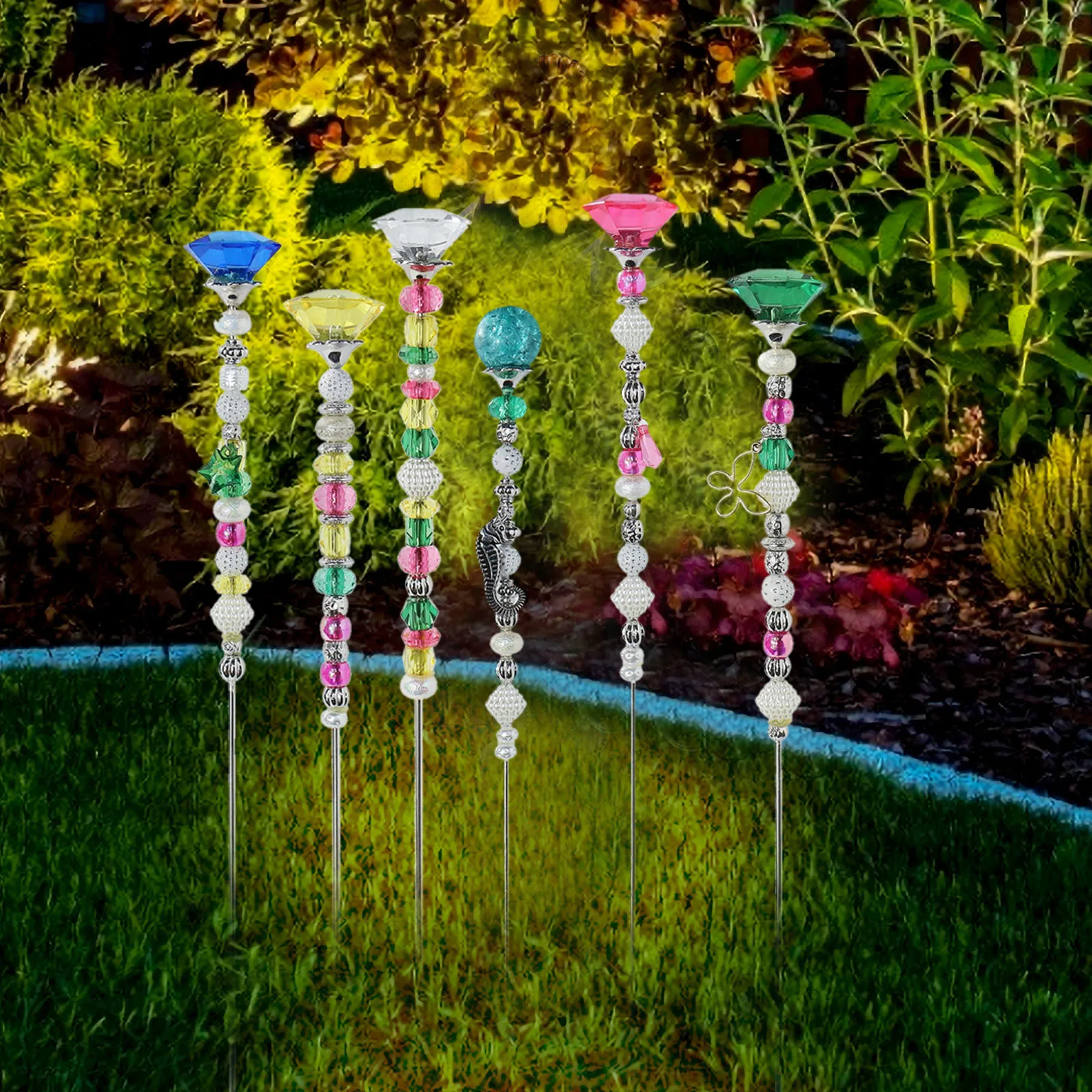 

2PCS Beaded Dream Garden Stakes Garden Decor Outdoor Gifts For Children Fantasy Garden Beaded Wooden Pile Garden Decoration