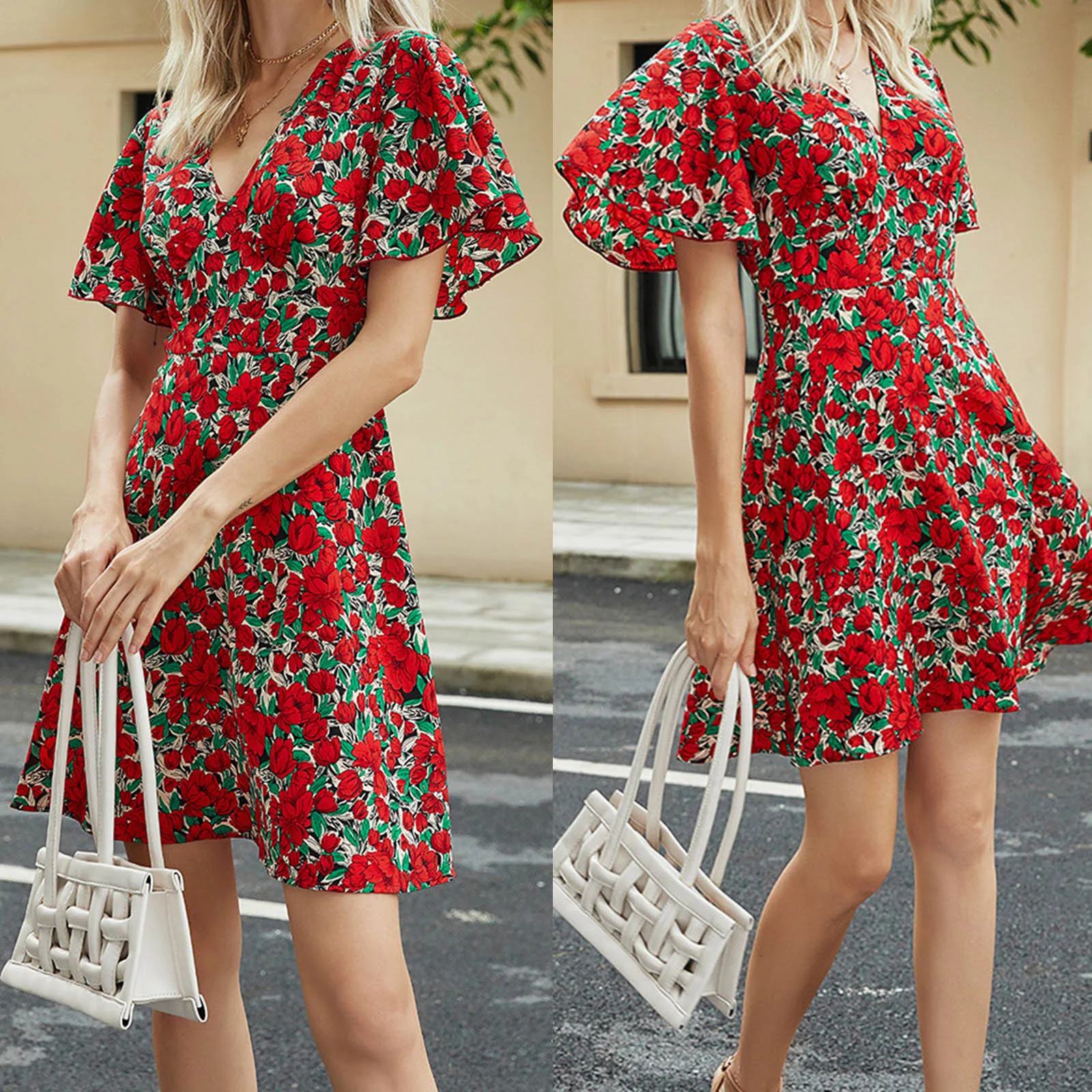 

Women's Fitted Red flower Printed V-Neck Butterfly Sleeve Mini Dress vestido de mujer summer dress платья для женщин