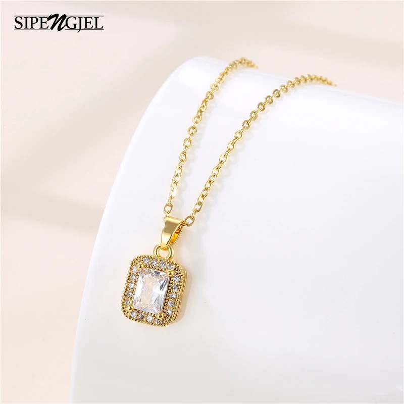 

SIPENGJEL Fashion Shiny Zircon Geometric Square Pendant Necklace Minimalist Cz Starburst Necklaces For Women Female Jewelry Igft
