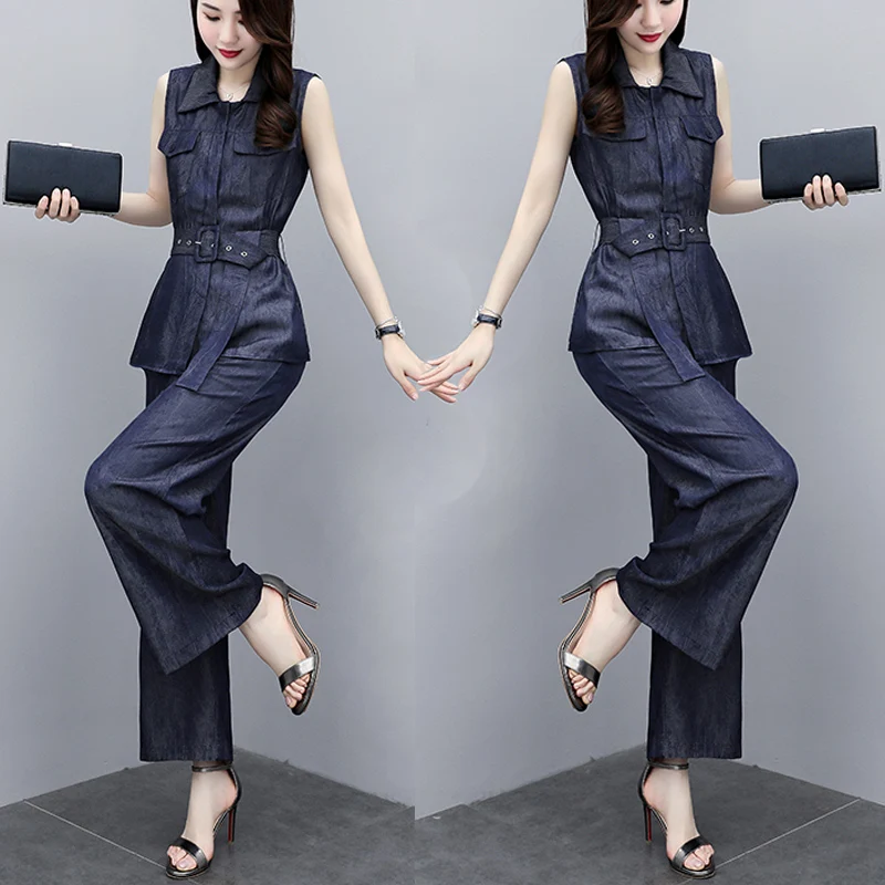 

Denim Women Two Piece Outfits Sleeveless Top And Pants 2 Piece Set Jean Suit For Women Korean Woman Suit Matching Set