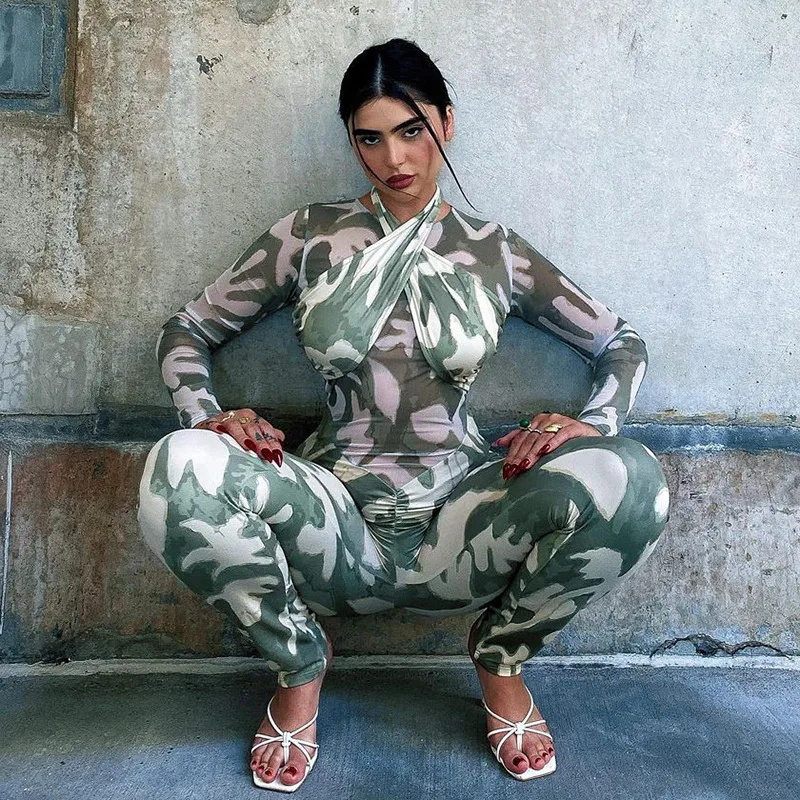 

Zim Criss-cross Halter O Neck Skinny Jumpsuit Long Elegant Women Casual Streetwear Full Sleeved Aesthetic Print Jumpsuits