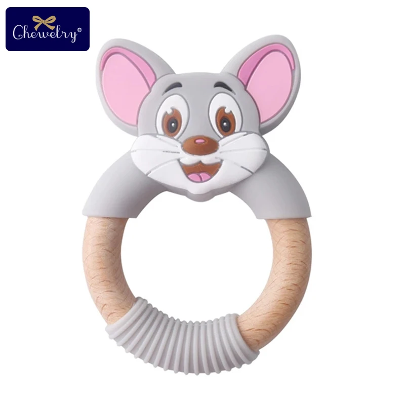 Gray Mouse 1 шт. Детские Прорезыватели силиконовая мышь грызуны Силиконовые Прорезыватели деревянное кольцо деревянный Прорезыватель коляска белка для детей товары игрушки - Цвет: Gray Mouse