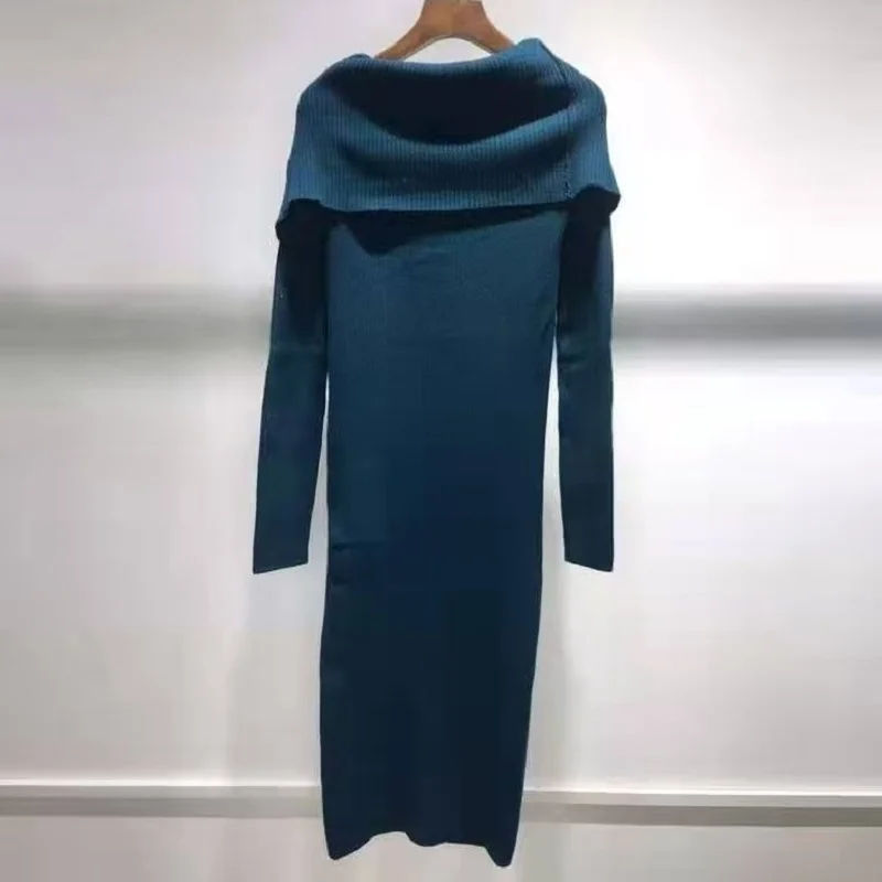 

Sweater Dress 2020 Autumn Winter Fashion Knitted Dress Women Big Turn-down Collar Buttons Deco Long Sleeve Casual Blue Dress