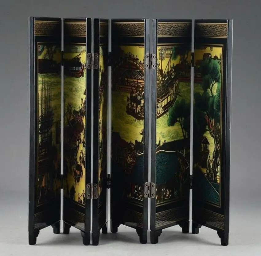 

Chinese Lacquerware Hand-painted Decoration Screen Qingming Festival Folk, Customs, Character Painting