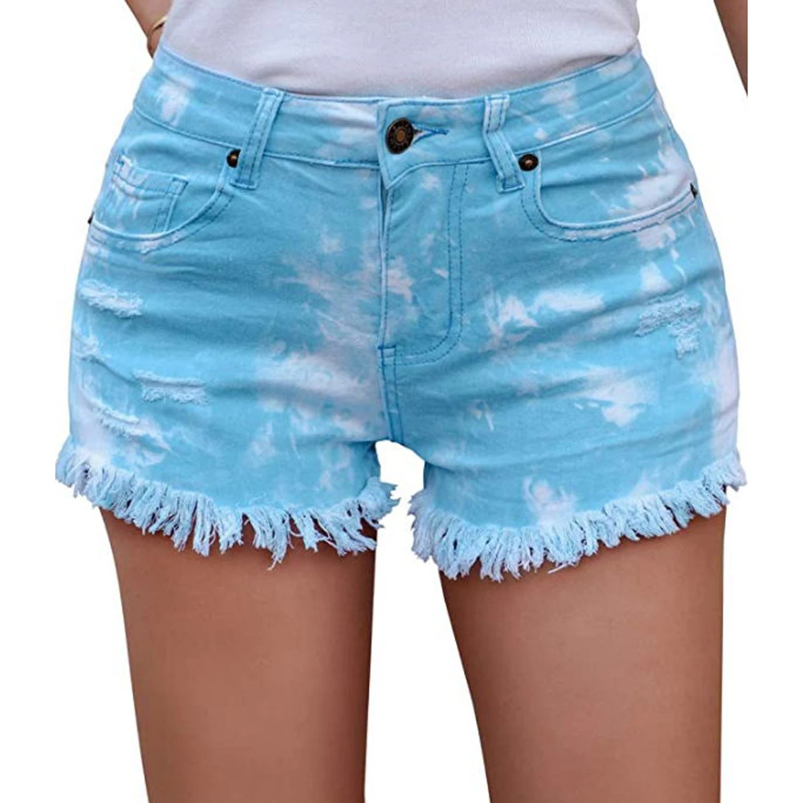 

Summer Women Fashion Casual Personality Mid Rise Denim Shorts Frayed Raw Hem Tie Dye Print Ripped Short Jeans