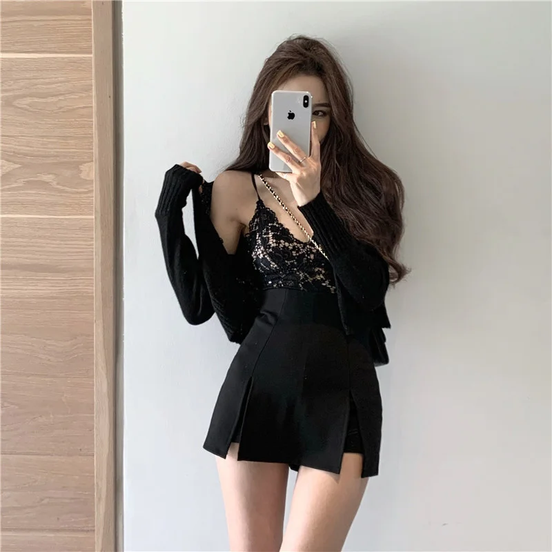 

2021 Spring and Autumn New Sexy Korean Style Chic Suit Camisole Skirt Black Three-Piece Suit for Women