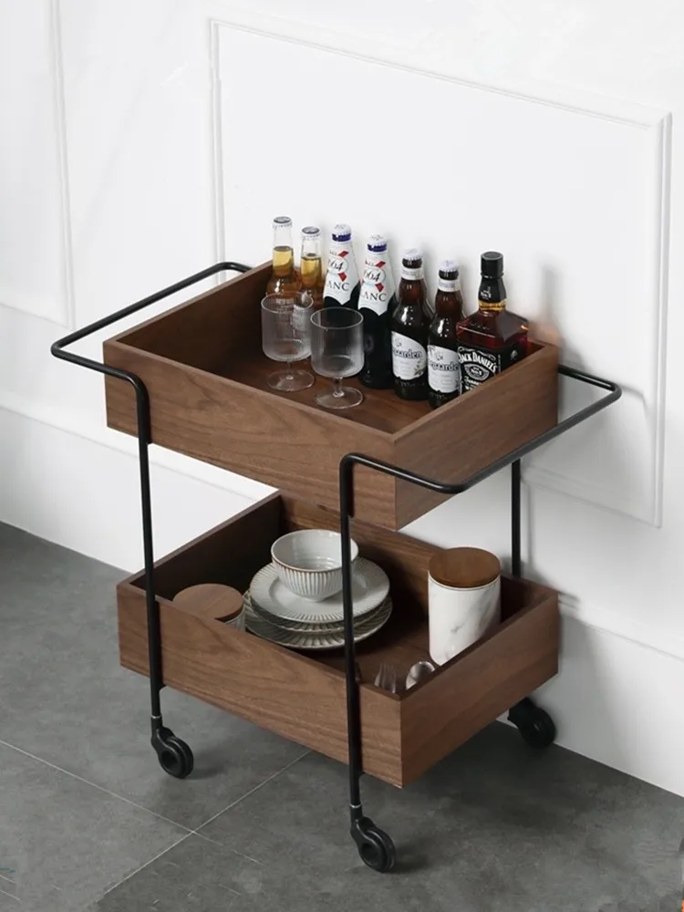 

Home Small Cart Movable Trolley Rack Kitchen Walnut Multi-function Storage Restaurant Dining Trolley