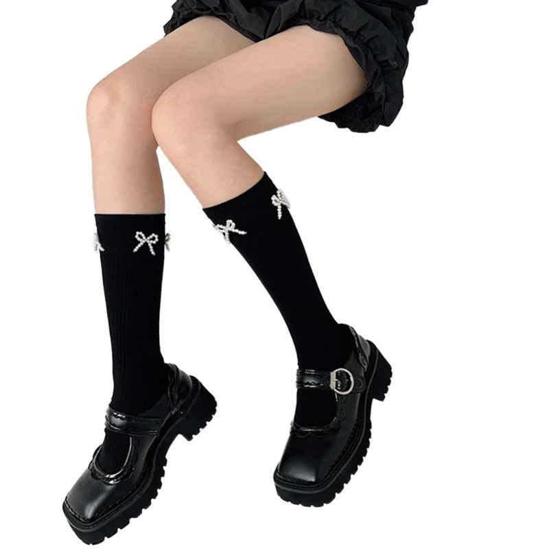 

Женские носки до середины икры MXMA в стиле "Лолита", милые чулки в Вертикальную Полоску с жемчугом и бантом