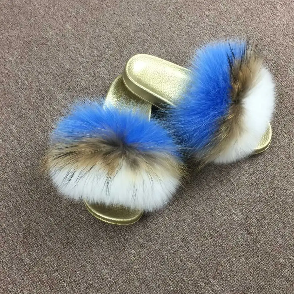 R Blue Natural White Сезон лето-осень; женские модные домашние шлепанцы с натуральным лисьим мехом; шлепанцы наивысшего качества с золотой подошвой из пвх; VS1015 - Цвет: R Blue Natural White