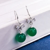 natural green jade chalcedony round drop earrings agate 925 silver carved charm jadeite jewelry fashion amulet for women gifts