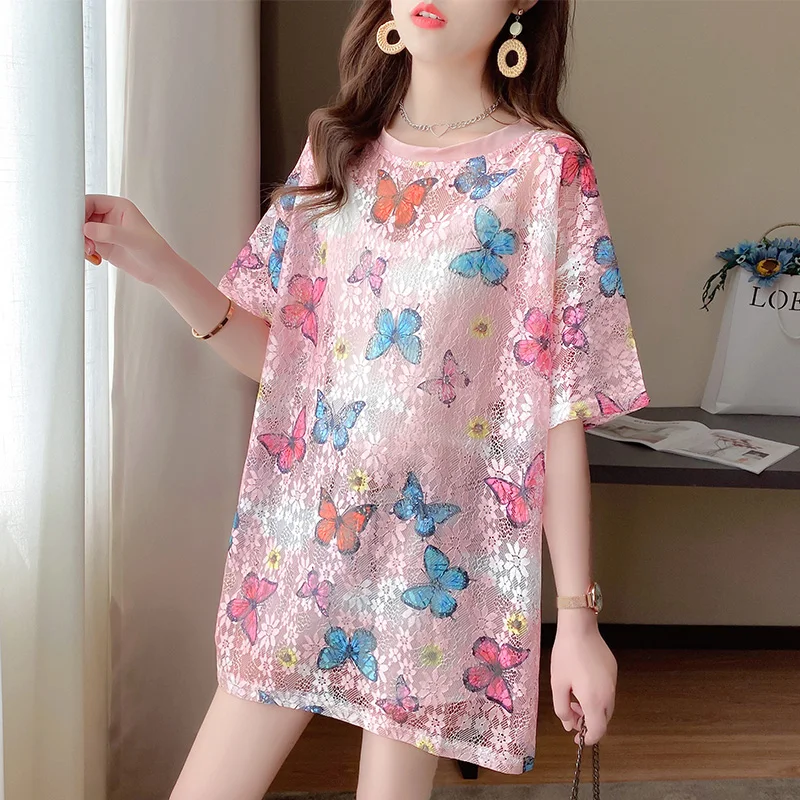 

Butterfly Print T Shirts Lace Hollow Out Top Tees Women Summer Short Sleeve Transparent Tshirt Kawaii Kpop Sweet Girls Shirts