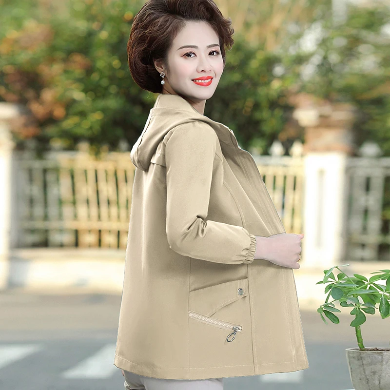 

Spring autumn trench coat woman's Fashion hooded loose plus size Windbreaker Solid color Wild elegant feminine coat