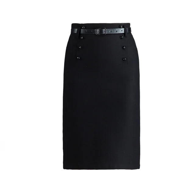 

Office Ladies High Waist Knee Length Straight Skirts Black Red Business Casual Formal Work Wear Split Skirt with Button Belt
