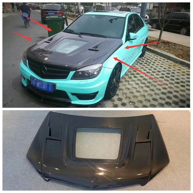 

High quality Carbon Fiber Clear Glass Front Bumper Engine Hood Vent Cover For Mercedes-Benz C-class W204 C63 AMG 2007-2014