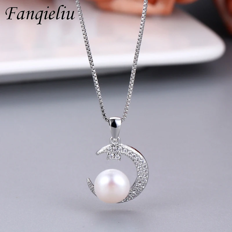 

Fanqieliu Natural Pearl Crystals Vintage Moon Genuine 925 Sterling Silver Pendant Necklace For Women FQL21157