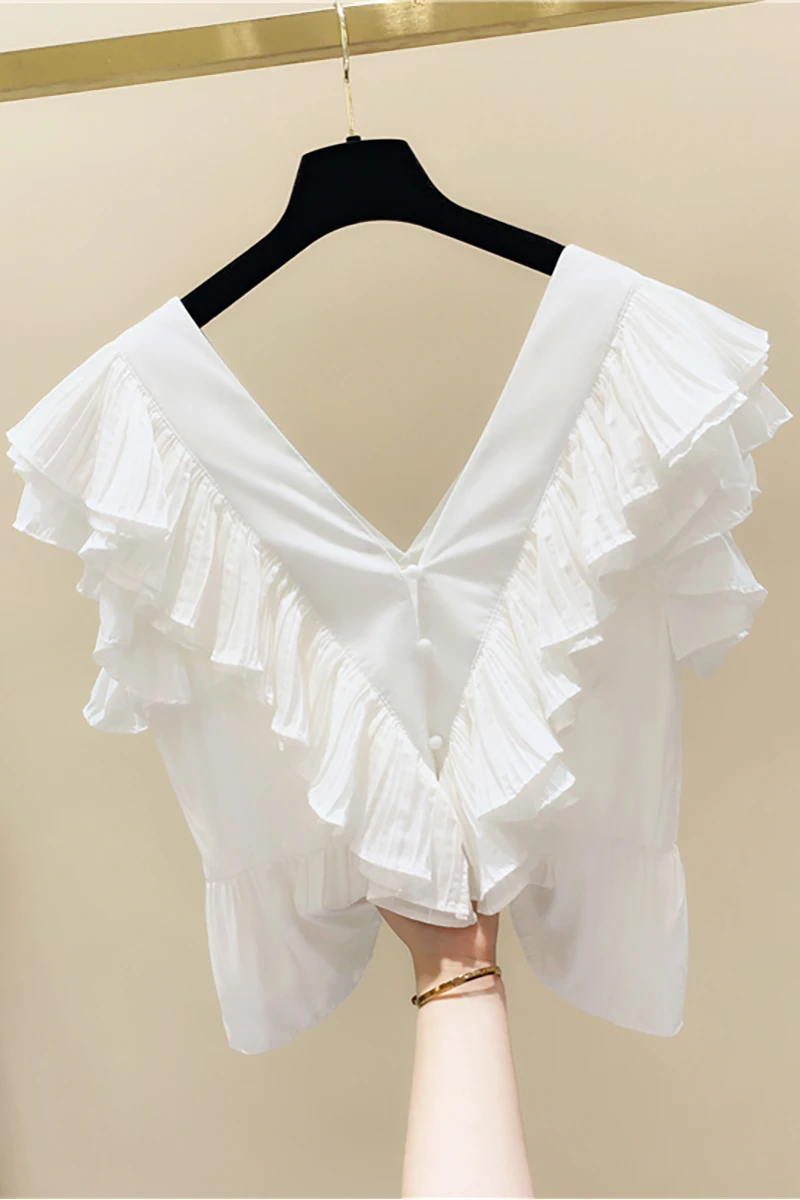 

Blusas Mujer De Moda 2020 Summer Korean Style New Ruffled Pleated Top V-neck Halter Sweet Shirt Women's Fashion Blouse Blouses