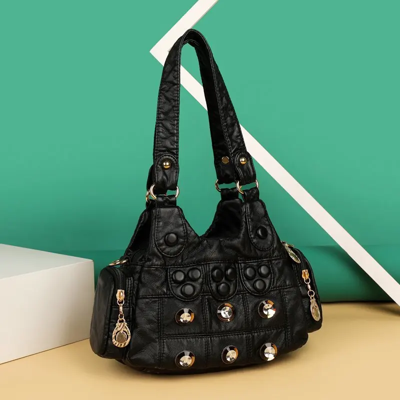 

Women Bag Large Capacity Soft Leather Ruched Zipper Hobos Shoulder Bags Totes Multi Pocket Handbags Designer Ladies Crossbody