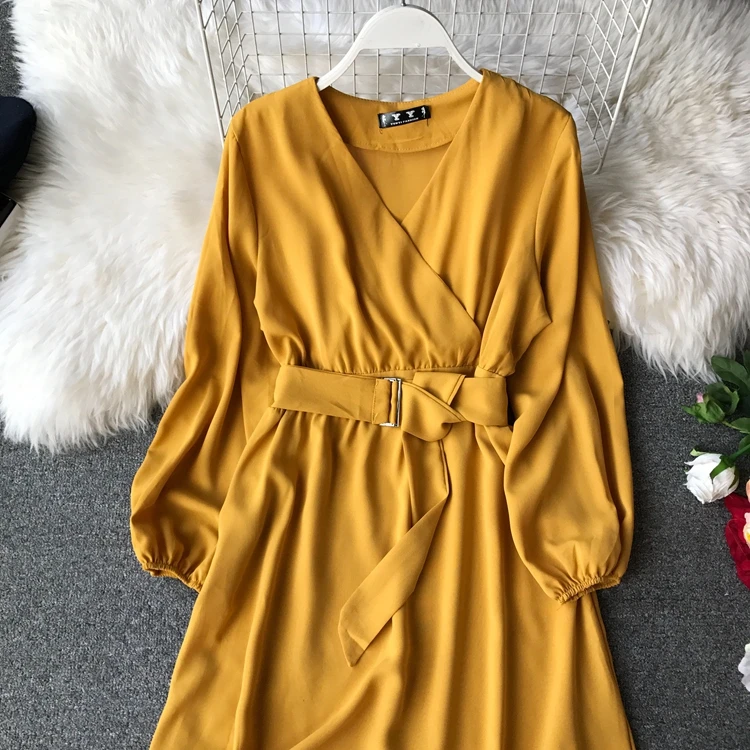ALPHALMODA осеннее офисное женское платье с длинными рукавами и поясом, новое повседневное шифоновое платье с высокой талией и v-образным вырезом, однотонное женское платье до середины икры