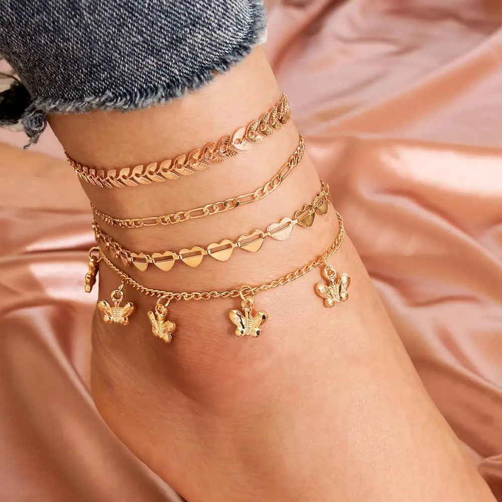 

Modyle 4Pcs/Set Vintage Boho Style Gold Chain Anklets Unique Design Heart Arrow Butterfly Anklet for Woman Wholesale