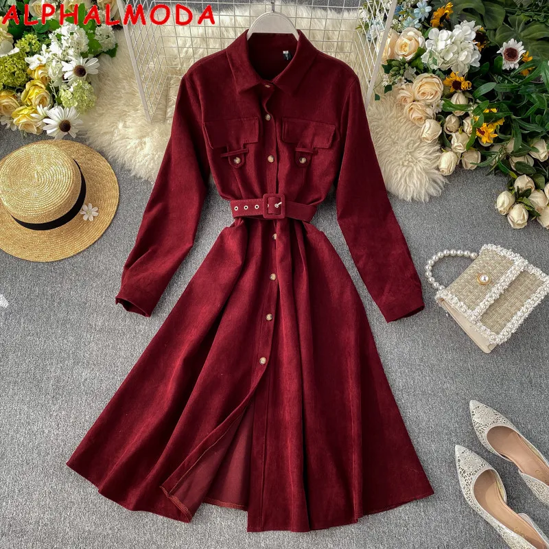 ALPHALMODA, модное женское платье, Осень-зима, французское ретро платье средней длины с поясом, сплошная шикарная одежда