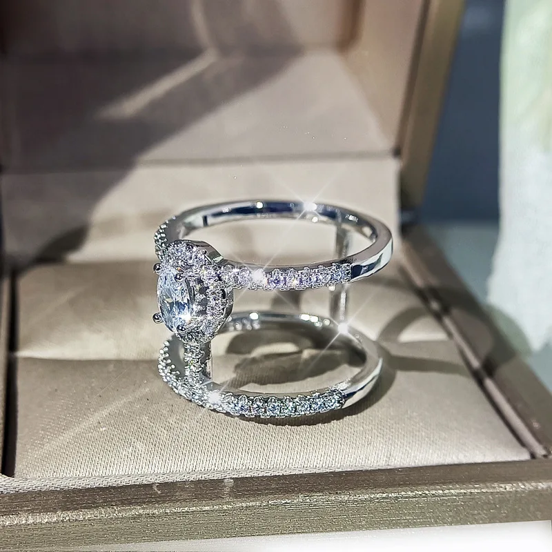 

Brilliant 925 Sterling Silver Open Rings For Women Chain Double Ring Engagement Wedding Fine Jewelry 2021 Trend