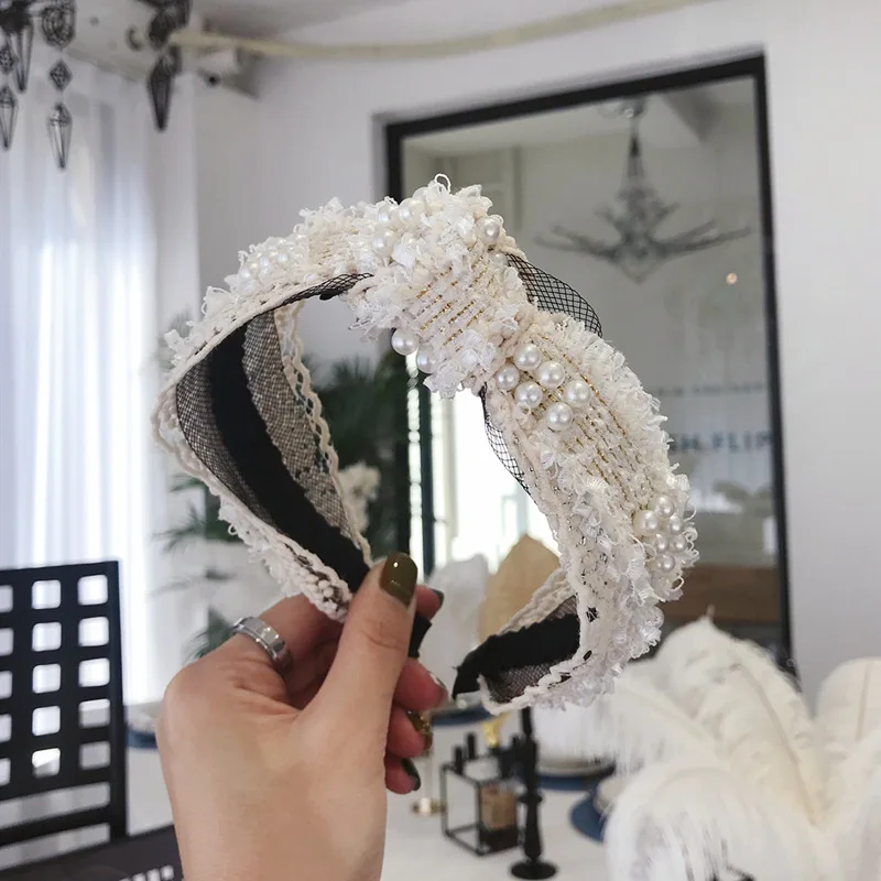 Богемный винтажный Клетчатый Ремень для волос с жемчужинами ободок аксессуары |