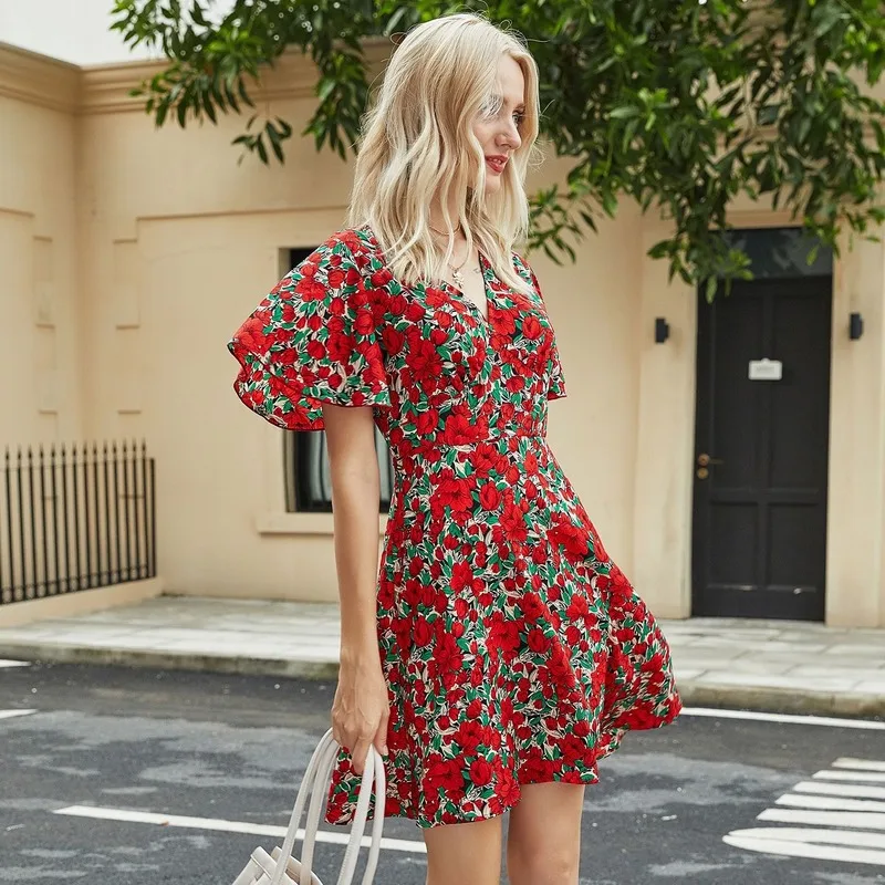 

Women Cottagecore Dress V Neck Mini Dress Casual Print Butterfly Sleeve Party Holiday Ruffles Chic Lady Swing Vestidos Dresses