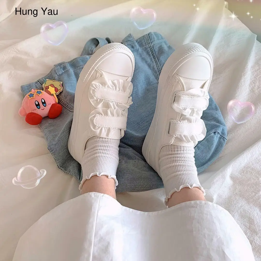 

Women White Sneaker Kawaii Lolita Shoes Cute Lady Japanese Lace Velcro Plush Flats Spring Casual Canva Footwear 2021tenis Female