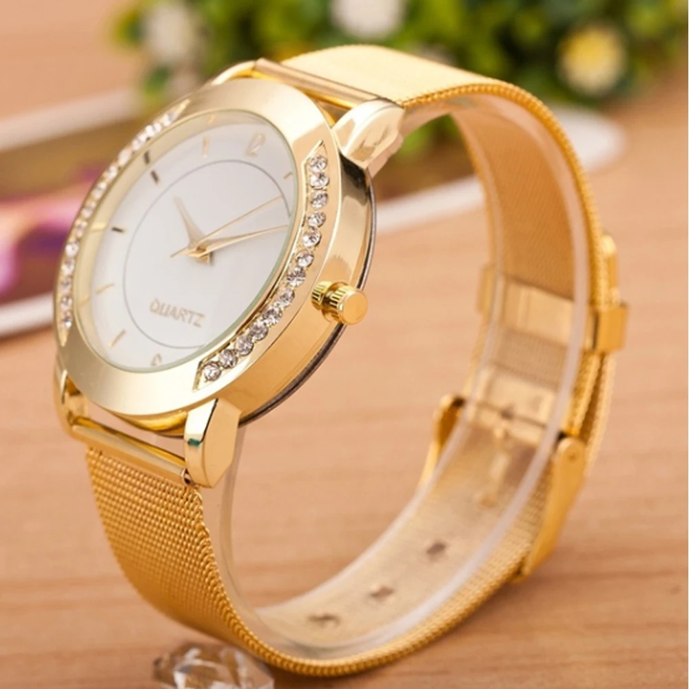 Женские часы из нержавеющей стали с сетчатым ремешком аналоговые кварцевые