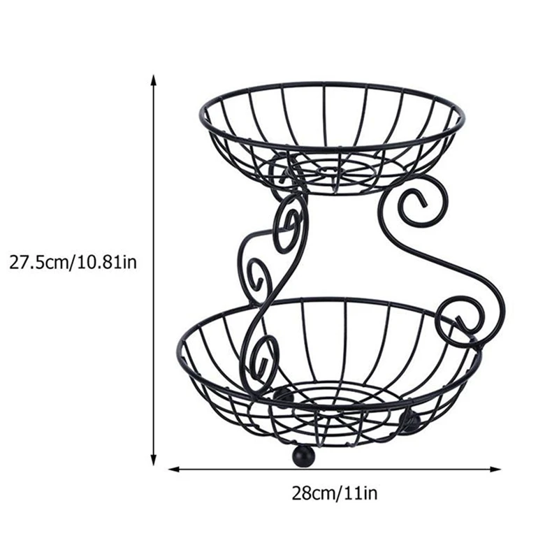 

Household Iron 2 Tier Fruit Basket Vintage Style Storage Basket Living Room Fruit Basket Iron Snack Container Black