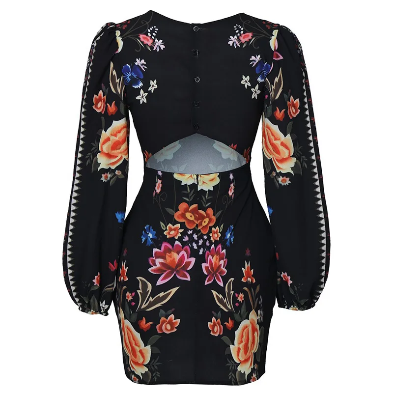 Женское винтажное платье с цветочным принтом черное облегающее вырезом на спине