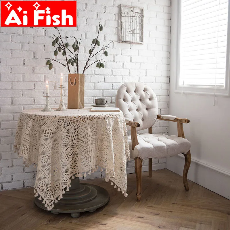 Ретро вязанная ажурная кружевная с кисточкой бежевая вязаная для кухни скатерть