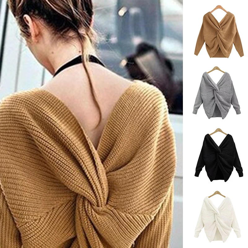 

V Neck Twisted Back Sweater for Women Criss Cross Backless Long Batwing Sleeve Loose Knitted Pullovers XRQ88