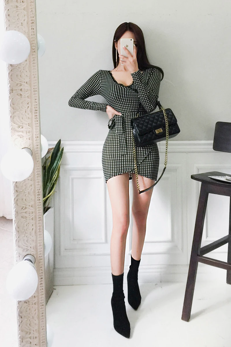 Женское облегающее платье с V образным вырезом и длинным рукавом|Женские платья| |