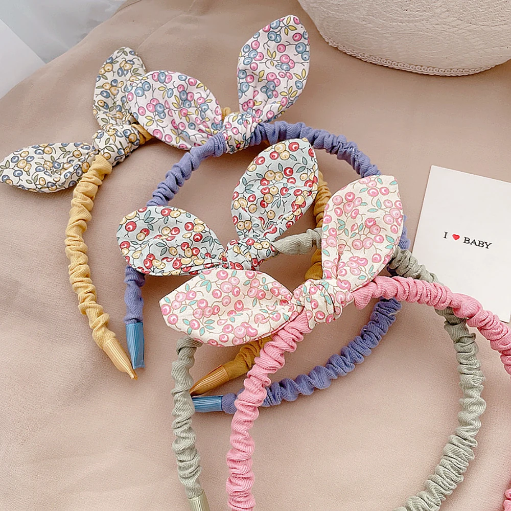 Diadema Retro con estampado de flores para ni&ntilde;a y mujer, bandana con lazo, diadema de tela con Orejas de conejo, accesorios para la cabeza-2