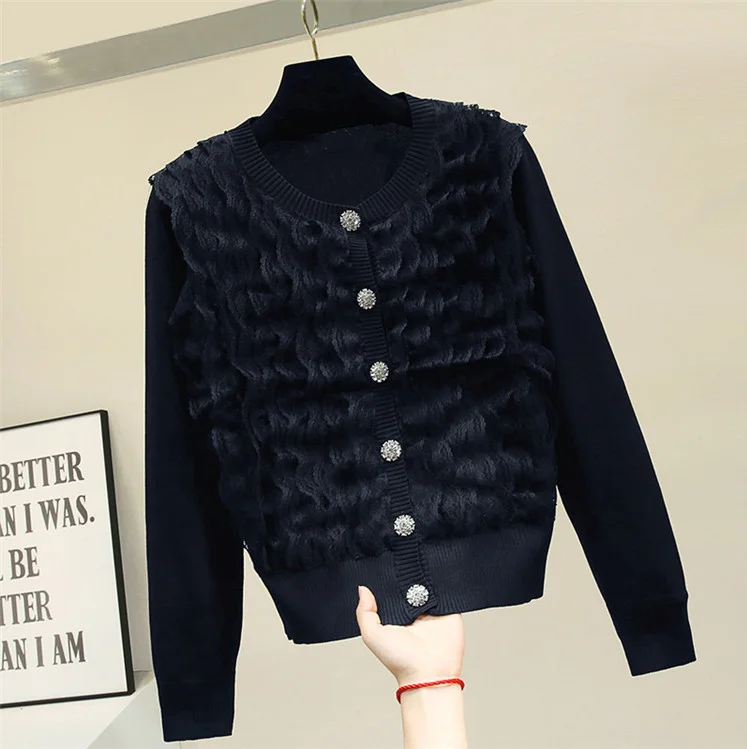 

Korean Style Knitted Cardigan Coat Woman 2020 Autumn Loose Pleated Lace Ruffled Cardigan Coat Fashion Diamond Button Jumper Top