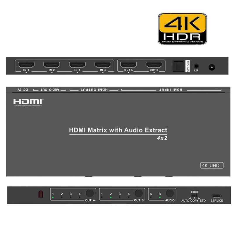 Топ 4X2 HDMI матричный распределитель HDCP 2 EDID 4K2K (4:2:0) конвертер UHD оптический L/R