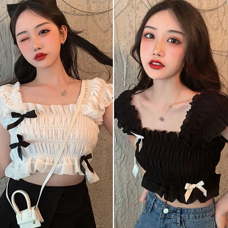

Women Slim Primer Short Top Solid Color Shirt One Size White Black Blouses Sexy Short Blouse Bow-Knot
