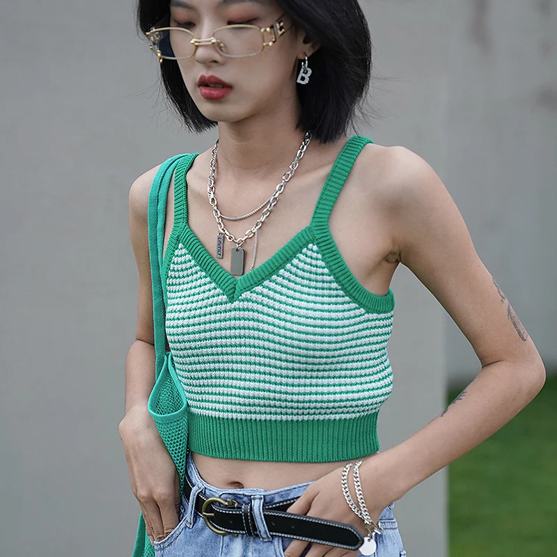 

Green Stitching V-Neck Knit Tank Tops Women Summer Clothes Check Basic Slim Cropped Tops Street Vest Femme Shirts Pullover