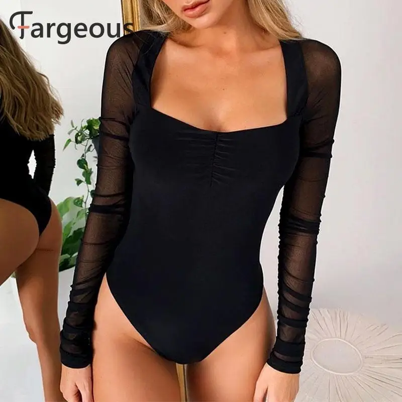 Женское Сетчатое боди с длинным рукавом черное эластичное осеннее квадратным