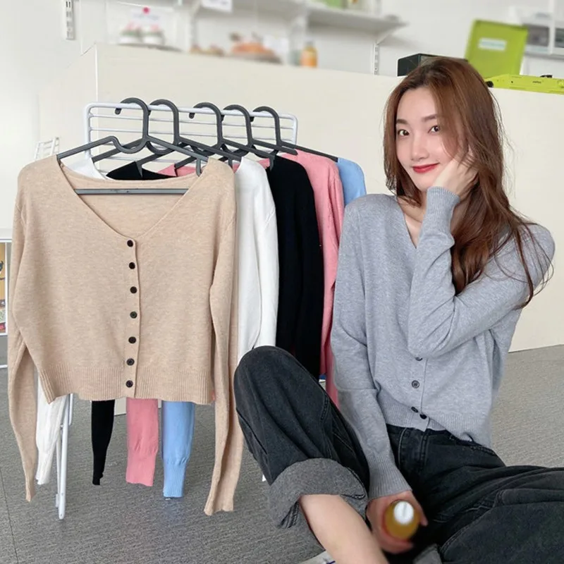 

Spring Autumn Newly Casual Button Up Knitted Short Cardigan Long Sleeve V Neck Solid Tops Coat Chic Streetwear