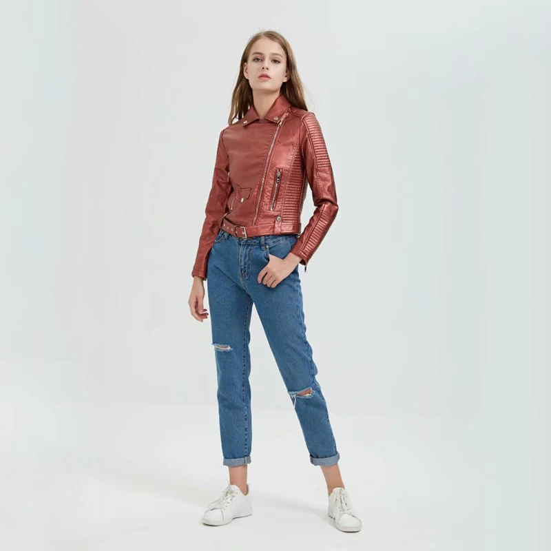 Женская байкерская куртка TMODA286 из искусственной кожи красная мотоциклетная