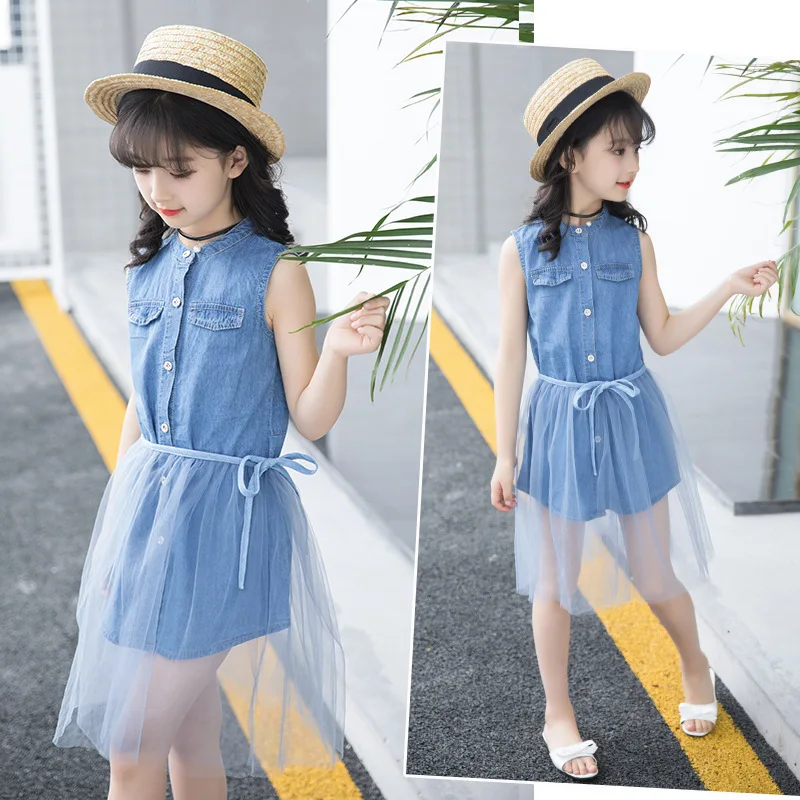 New Girls Dresses in Kids Summer 2019 Solid Blue Jeans Clothes Cotton Sleeveless Party Dress Baby Children Clothing 3-14T | Детская