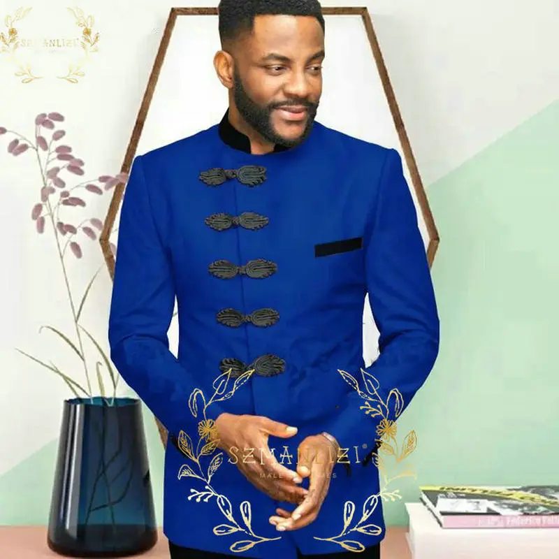 SZMANLIZI Classic African Design Royal Blue Men Suits Slim Fit Formal Party Suits For Men Groom Stand Collar Tuxedo Wedding Wear