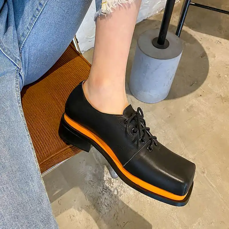 

Krazing pot genuine leather square toe med heel leisure shoes cross-tied young lady streetwear handmade basic women pumps L01