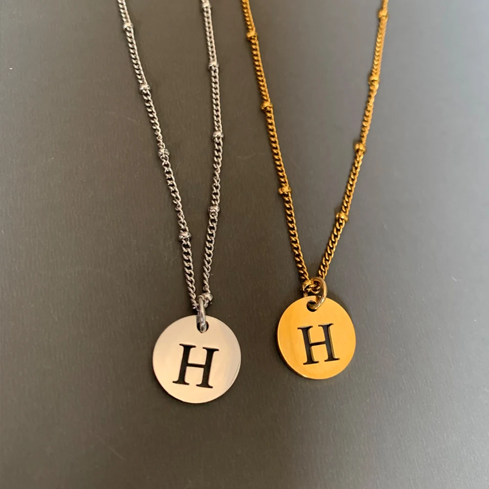 

Gold Color A-Z Alphabet Letter Hollow Round Pendant Charm Necklace Classic Initial Name Steel Bead Chain Clavicle Choker Jewelry