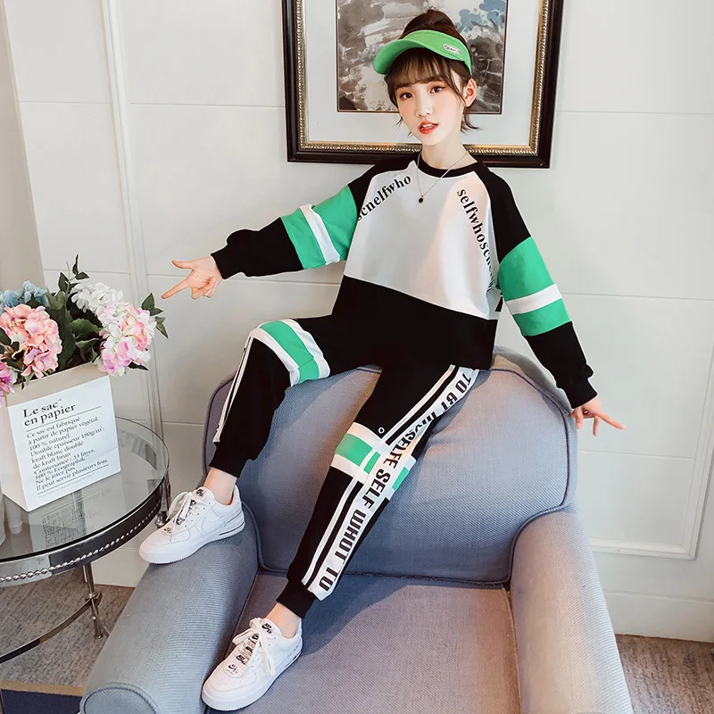 

Fashion Girls Sports Suit Girls Casual Wear Spring And Autumn Long-sleeved 2-piece Set Of Letters Printed Top + Pants 8 10 Years