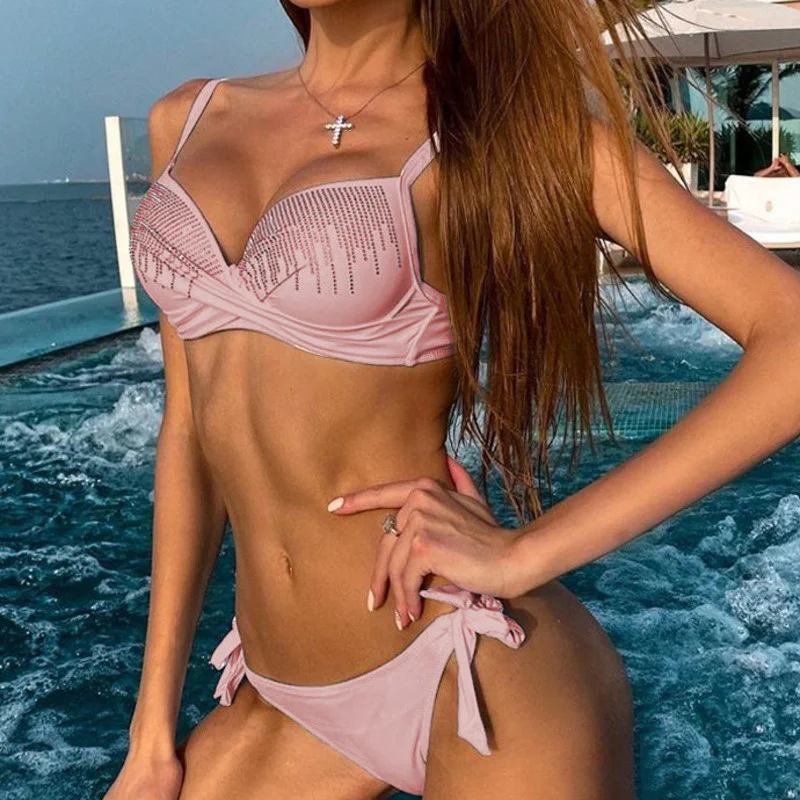 

Yellow Up Bikini Beach Female Swimsuit With Rhinestones Swimming Bathing Suit Women Bikinis Set Girl Swimwear