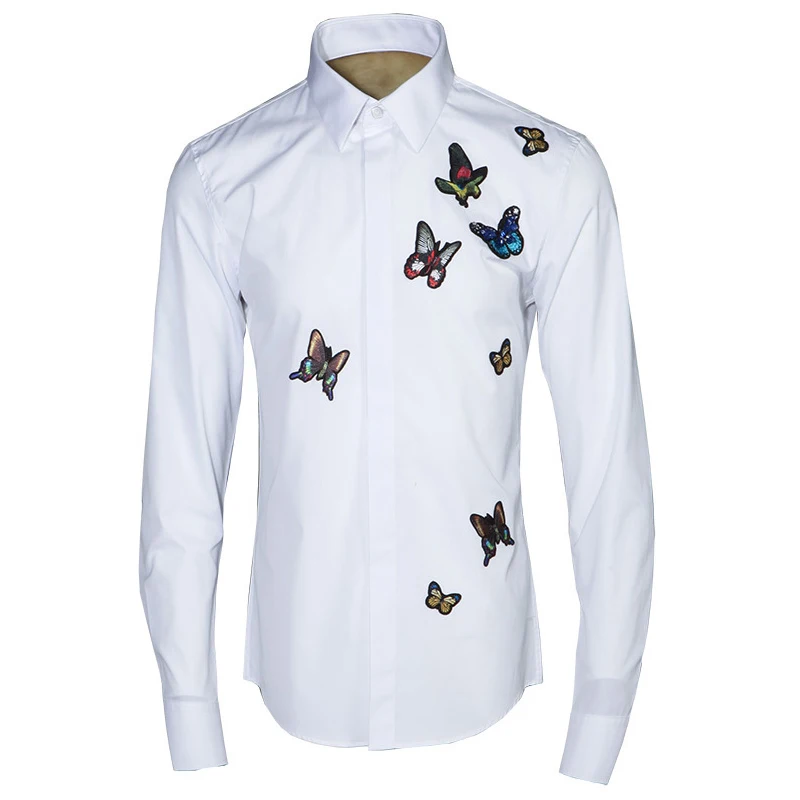 2020 Men Shirt Luxury Unique Embroider Badge Design Mens Shirts Fashion Butterfly Long Sleeve Slim Fit Shirt Man Casual Shirts